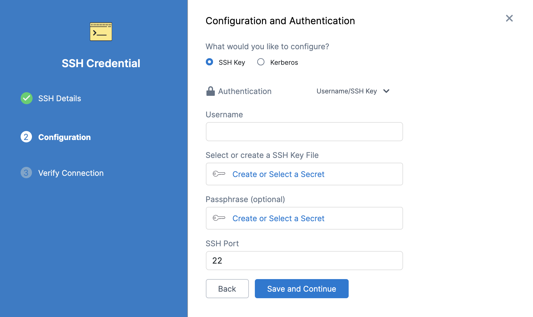 SSH credential settings, including an SSH key file field.